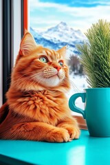 A cat sitting on a window sill next to a cup of coffee