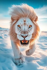 A white lion running through the snow in the snow