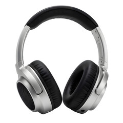 Modern over-ear headphones with sleek silver and black design isolated on white or transparent background. PNG format.