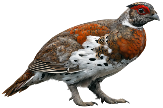 Red grouse bird isolated on transparent background in high resolution detailed PNG illustration ideal for wildlife cutout designs, nature-themed digital artwork, creative graphic compositions