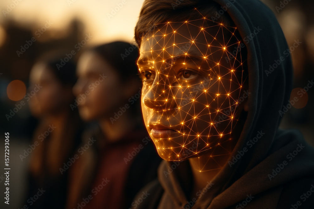 Poster ai generated a photorealistic portrait showing a young human face blended with glowing neural mesh l