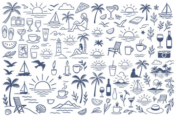 Summer themed hand drawn icon collection featuring tropical beach vacation and holiday elements