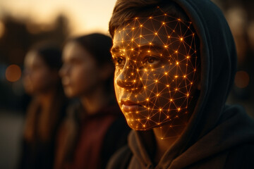 AI generated a photorealistic portrait showing a young human face blended with glowing neural mesh lines in a futuristic setting symbolizing AI learning from human diversity