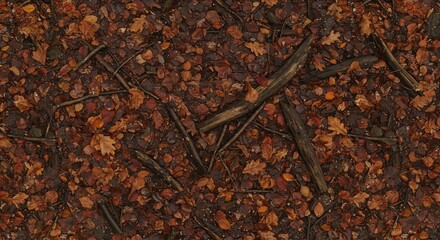 Overhead view of a dense forest floor covered in autumn leaves twigs and small logs with visible pebbles