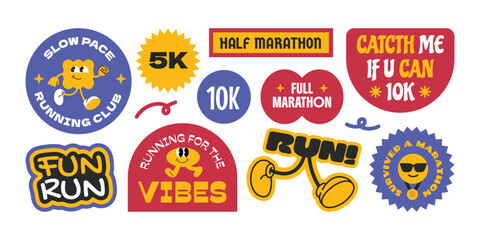Fun run marathon event stickers, patch, badges. Groovy running logos with quote.