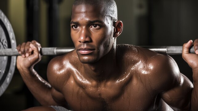 Determined male athlete lifting weights, showing strength and perseverance