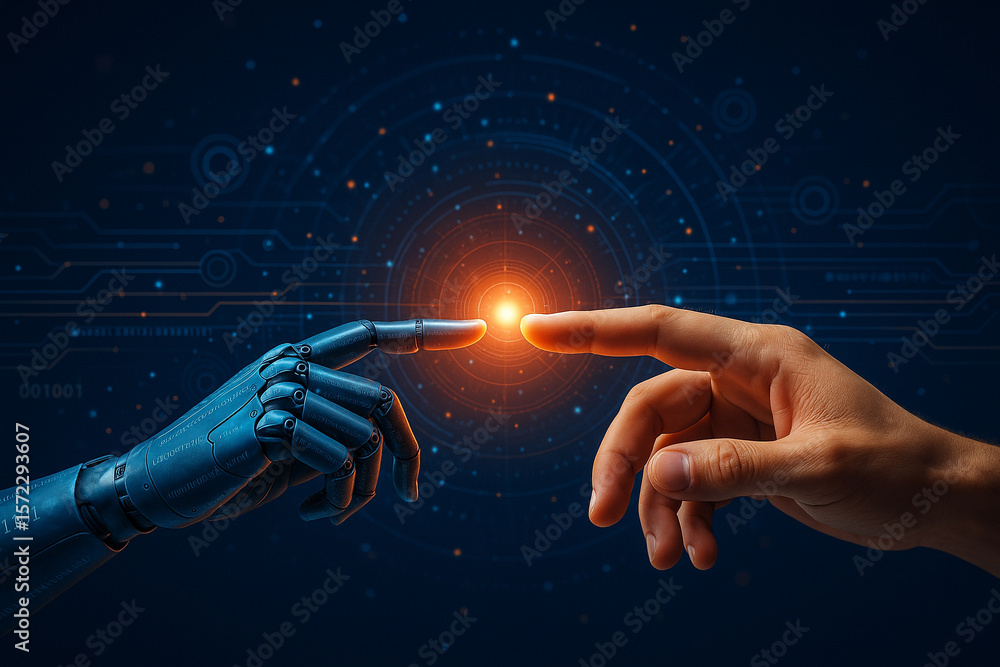 Poster ai generated image of a human finger and a robotic finger touching in a glowing digital interface sy