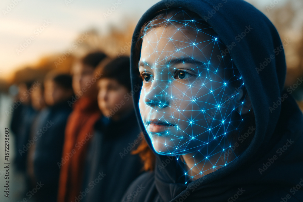 Poster ai generated a photorealistic portrait showing a young human face blended with glowing neural mesh l