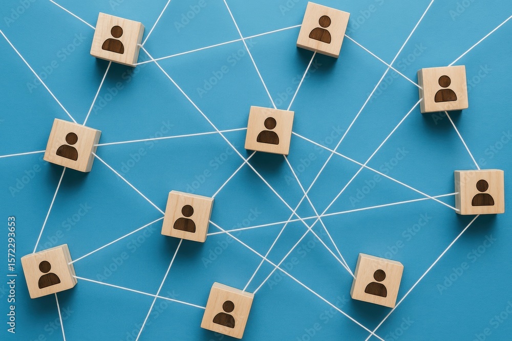 Poster networking and connection: wooden blocks symbolizing people interconnected by strings, representing 