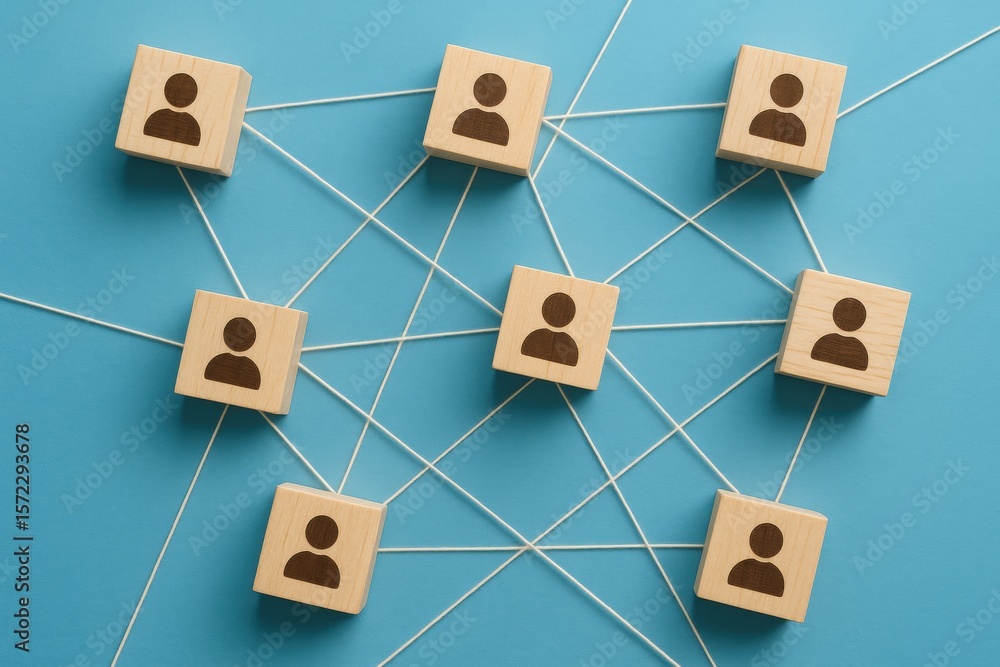 Poster networking concepts: conceptual image featuring wooden blocks with a person symbol interconnected by