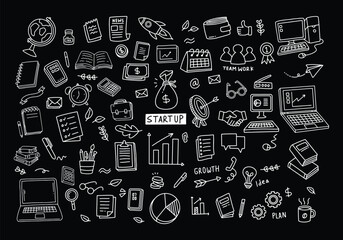 Set of vector doodle element related to business plan, start up, growth, idea. Vector illustration with black background