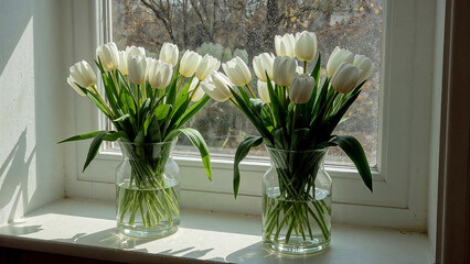 Sunlit vases of white tulips on a windowsill