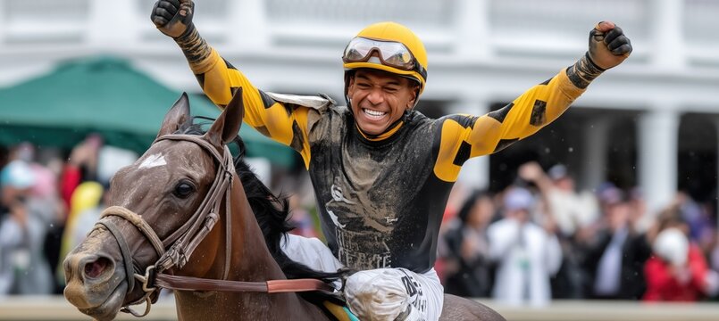 Victorious jockey celebrating winning horse race at churchill downs