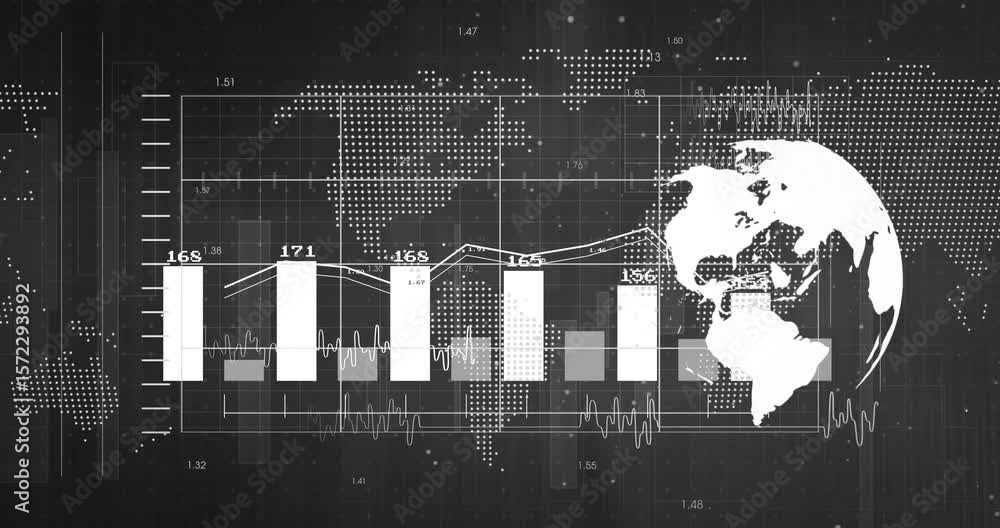 Aufkleber dashboard opening animating bars and line graph updating values while globe rotating for insights