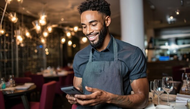 Smiling waiter using smartphone in restaurant with wine cellar
