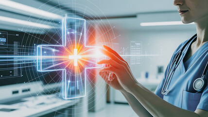 Futuristic Medical Tech Concept Healthcare Worker Touching Digital Network with Medical Cross Interface