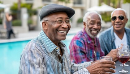 Group of senior african american men enjoying drinks by poolside