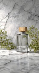 Clear Bottle Still Life with Greenery Backdrop