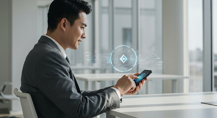 A man in a suit is focused on staring at a smartphone displaying Bitcoin charts and symbols, reflecting digital financial investment or analysis in a modern office environment.