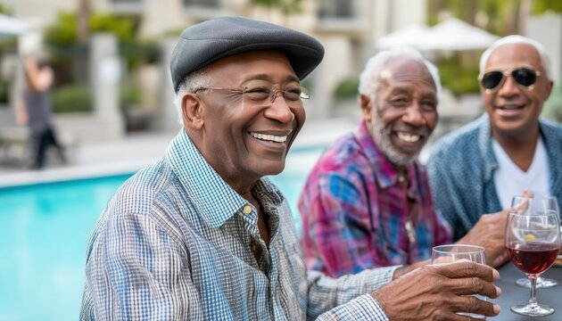 Group of senior african american men enjoying drinks by poolside - Powered by Adobe