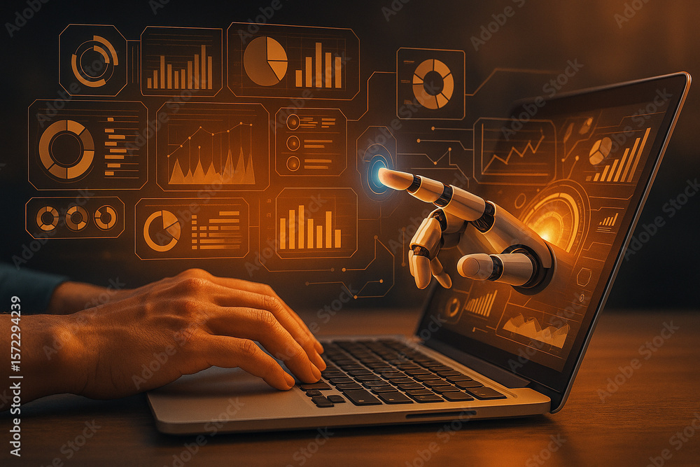 Poster ai generated realistic digital artwork showing human hand and robotic hand collaborating through fut