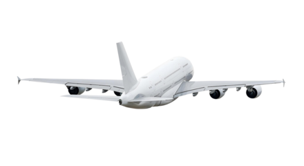 Rear Angled View of White Airplane Airbus A380 Double Decker Passenger Jet Aircraft in Climbing Flight with Four Engines and Full-Length Upper Deck Cabin Isolated on a Transparent Background