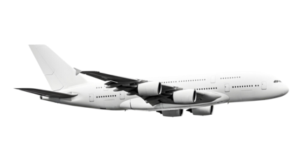 Side Angled View of White Airplane Airbus A380 Jumbo Passenger Aircraft in Flight Featuring Full-Length Upper Deck and Four Turbofan Engines Isolated on a Transparent Background