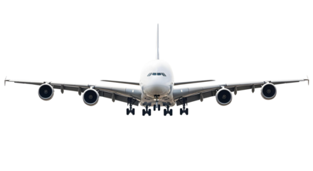 Frontal View of White Airplane Airbus A380 Jumbo Jet with Four Engines and Extended Landing Gear Preparing to Land During Descent Flight Isolated on a Transparent Background