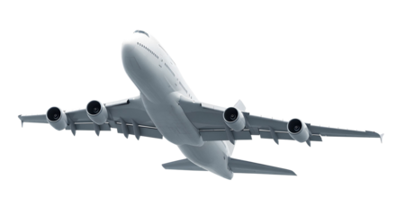 Bottom Rear View of White Airplane Boeing 747 Jumbo Jet in Flight Featuring Massive Wingspan and Four Engine Configuration for Long-Haul Travel Isolated on a Transparent Background