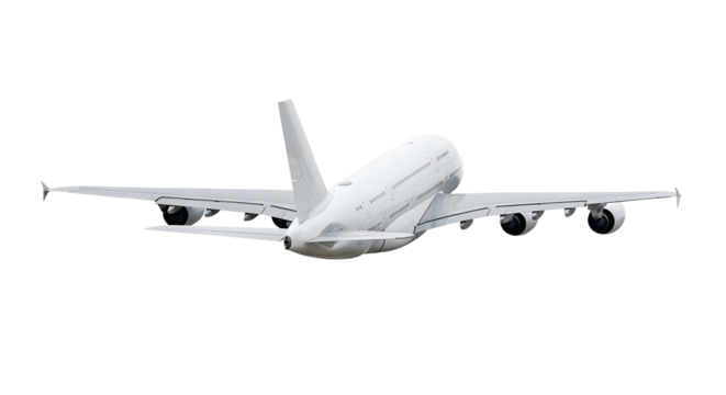 Rear Angled View of White Airplane Airbus A380 Double Decker Passenger Jet Aircraft in Climbing Flight with Four Engines and Full-Length Upper Deck Cabin Isolated on a Transparent Background