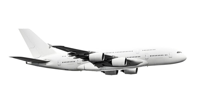 Side Angled View of White Airplane Airbus A380 Jumbo Passenger Aircraft in Flight Featuring Full-Length Upper Deck and Four Turbofan Engines Isolated on a Transparent Background