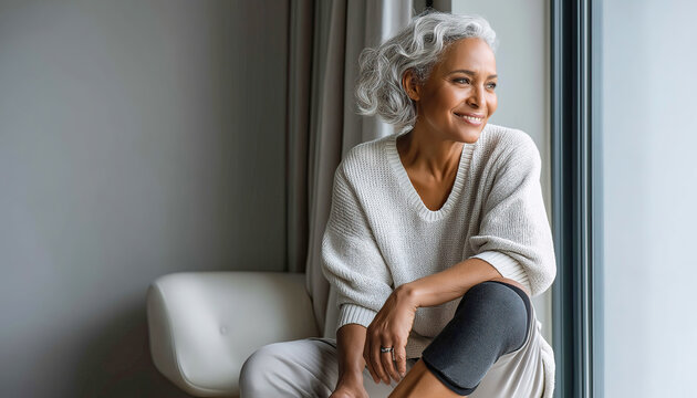 Smiling senior woman wearing knee brace looking out window