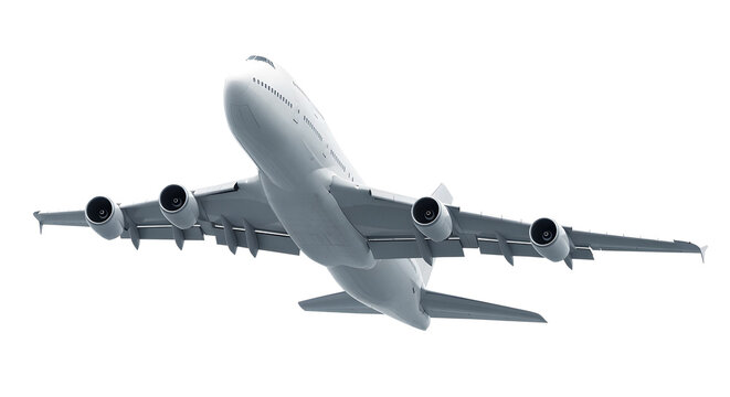 Bottom Rear View of White Airplane Boeing 747 Jumbo Jet in Flight Featuring Massive Wingspan and Four Engine Configuration for Long-Haul Travel Isolated on a Transparent Background
