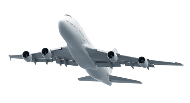 Bottom Rear View of White Airplane Boeing 747 Jumbo Jet in Flight Featuring Massive Wingspan and Four Engine Configuration for Long-Haul Travel Isolated on a Transparent Background