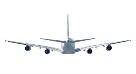 White Airplane Commercial Jet Airliner Rear View with Four Engines and Extended Wingspan in Descent or Approach Phase Isolated on a Transparent Background