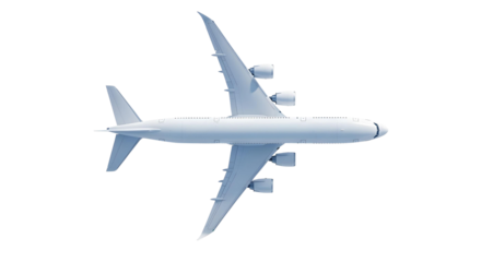 Top-Down View of White Airplane Commercial Wide-Body Jet Airliner Showing Full Wingspan and Engine Layout in Mid-Flight Configuration Isolated on a Transparent Background