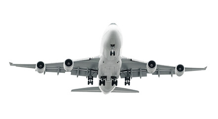 White Airplane White Four-Engine Jumbo Jet Airliner Bottom Vertical View in Mid-Flight with Landing Gear Deployed and Aerodynamic Wing Layout Isolated on a Transparent Background