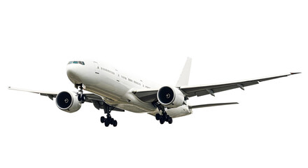 White Airplane Commercial Jet Airliner Taking Off in Low Angle Front Perspective with Landing Gear Extended and Detailed Engines Isolated on a Transparent Background
