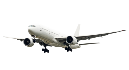 White Airplane Commercial Jet Airliner Taking Off in Low Angle Front Perspective with Landing Gear Extended and Detailed Engines Isolated on a Transparent Background