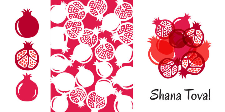 Jewish New Year, Rosh Hashanah Greeting card set. Vector illustration with pomegranates decoration elements