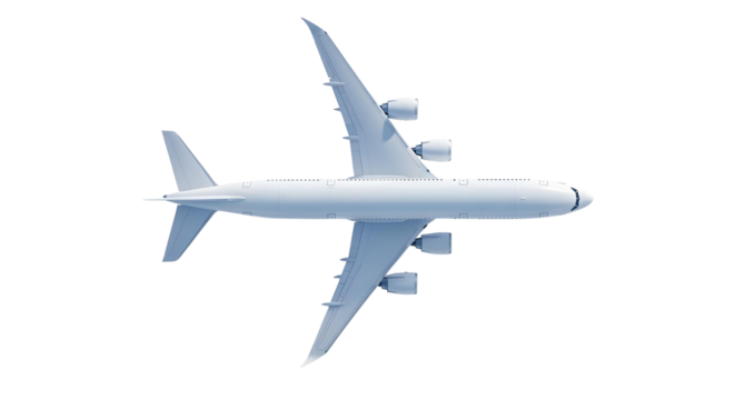 Top-Down View of White Airplane Commercial Wide-Body Jet Airliner Showing Full Wingspan and Engine Layout in Mid-Flight Configuration Isolated on a Transparent Background