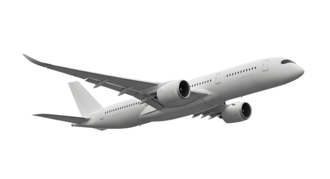 White Airplane White Modern Twin-Engine Commercial Airliner low angle side view Climbing in Flight with Upward Curved Wingtip Design for Efficient Air Travel Isolated on a Transparent Background