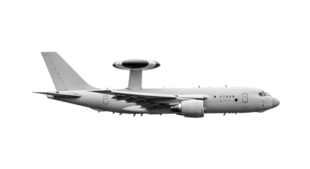 White Airplane Military Side View AWACS Airborne Radar Aircraft Designed for Aerial Reconnaissance and Tactical Monitoring Missions Isolated on a Transparent Background