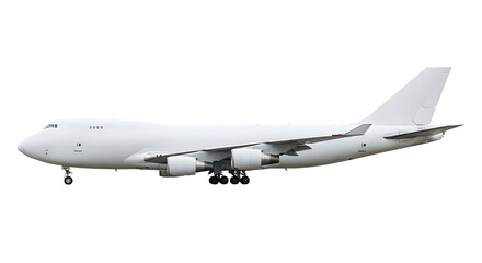 Side View of White Airplane Large Boeing 747 Cargo Aircraft with Four Engines and Raised Cockpit for Heavy Freight and Logistics Transportation Isolated on a Transparent Background