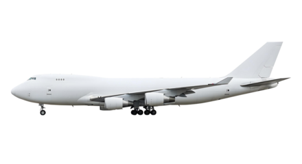 Side View of White Airplane Large Boeing 747 Cargo Aircraft with Four Engines and Raised Cockpit for Heavy Freight and Logistics Transportation Isolated on a Transparent Background