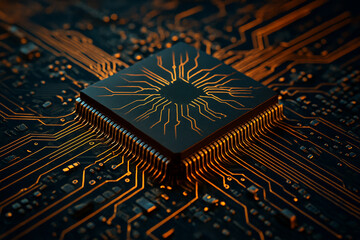 AI generated close up of a futuristic computer processor on a glowing motherboard representing data flow speed and digital power in a high tech environment