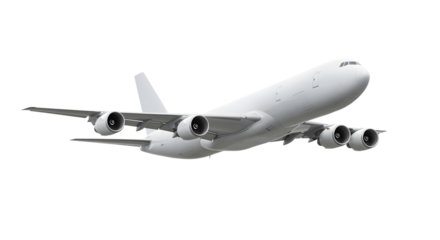 Low Rear Perspective View of White Airplane Cargo Airplane Jet Climbing in Flight with Four Engines Designed for Heavy Airfreight and Commercial Logistics Isolated on a Transparent Background