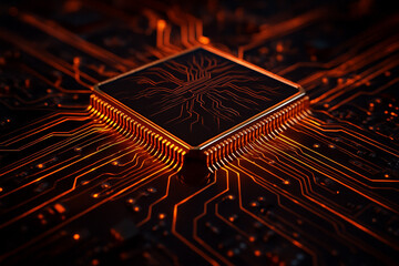 AI generated close up of a futuristic computer processor on a glowing motherboard representing data flow speed and digital power in a high tech environment