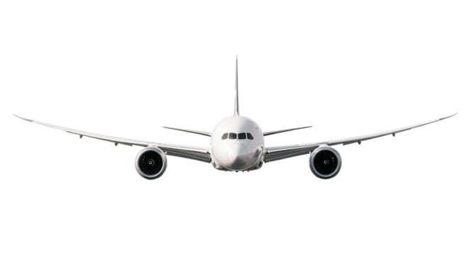 White Airplane Boeing 787 Dreamliner Wide-Body Commercial Jet Airliner Frontal View in Flight Showing Forward Cockpit and Wing Curvature Details Isolated on a Transparent Background