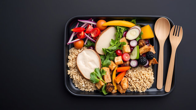 A black tray containing a colorful and healthy grain bowl with wooden utensils on it - Powered by Adobe